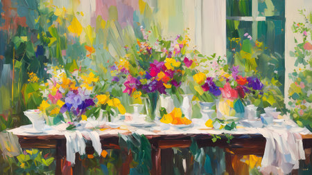 Vase of spring flowers on the table. Watercolor painting.の素材