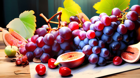 Fresh grapes and fruits on a wooden table. 3d illustration.の素材
