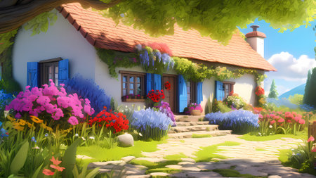 3D rendering of a small cottage surrounded by blooming flowers.の素材