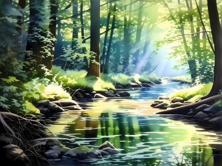 beautiful forest landscape with river and green trees, vector art illustrationの素材