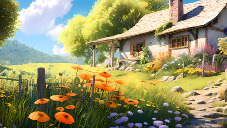 Fantasy landscape with a cottage in the meadow. 3d renderingの素材