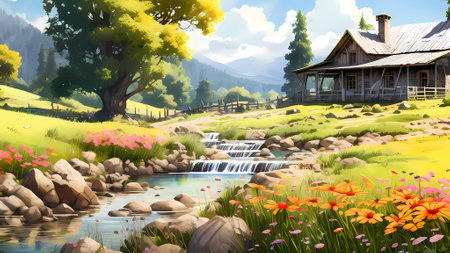Landscape with old wooden house, flowers and mountain stream. Digital painting.の素材