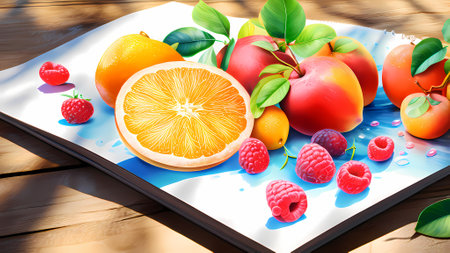 Fruits and berries on a wooden table. 3D illustration.の素材