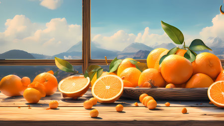 Fresh oranges on a wooden table in front of the window. 3d renderingの素材