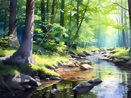 Beautiful forest landscape with a river in the forest. digital paintingの素材