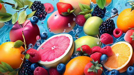 Fruit mix on blue water background. 3d rendering, 3d illustration.の素材