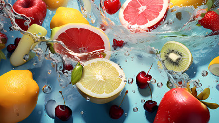 Fruits and berries falling into water with splashes, 3d illustrationの素材