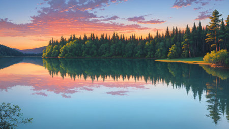 Sunset on the lake with reflection in the water of the forestの素材