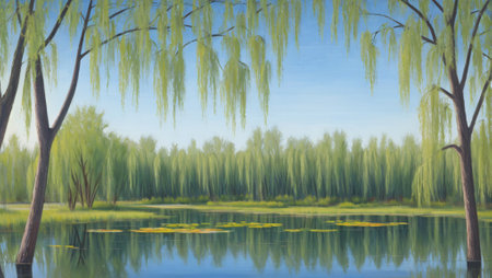Spring landscape with lake and willow tree. 3D rendering.の素材