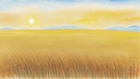 Illustration of a wheat field and the sun in the background.の素材