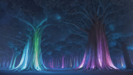 3D Illustration of a Fairy Tale Tree Forest in the Nightの素材