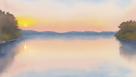 Foggy morning on the lake. Panoramic view.の素材
