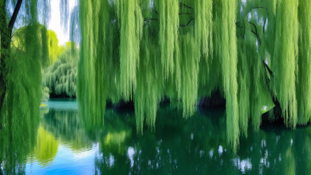 Green weeping willow on the lake in the park. abstract backgroundの素材