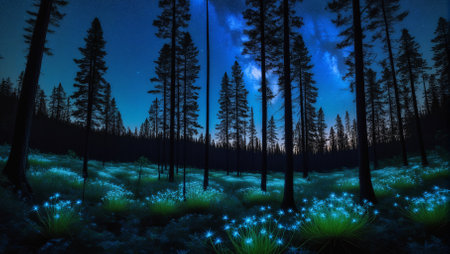 Fantasy forest at night with moonlight and stars in the skyの素材