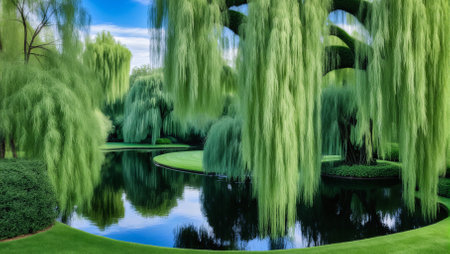 Reflection of trees in the lake, with green grass and blue skyの素材