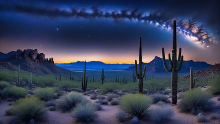 Huge Saguaro cactuses in the desert at nightの素材