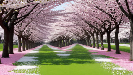 Cherry blossoms in full bloom in a row in springtimeの素材