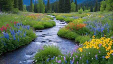 Flowering meadow with wildflowers and a mountain streamの素材