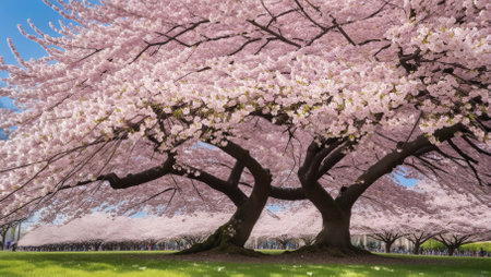 Cherry blossom trees in full bloom in Washington DC, USAの素材