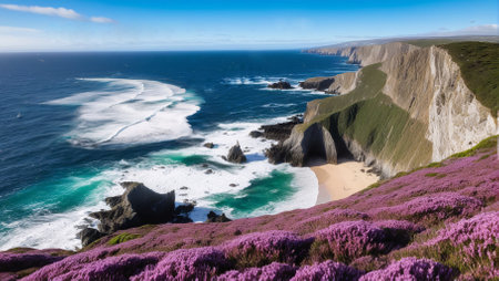 Cliffs of Moher with purple blooming heather flowers, County Clare, Irelandの素材