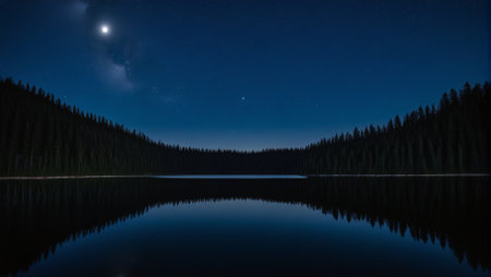 Lake in the mountains at night with moon and stars in the skyの素材