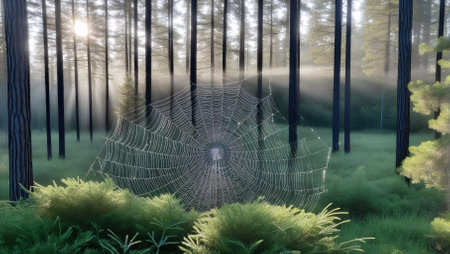 spider web in the forest at sunrise, 3d render illustrationの素材