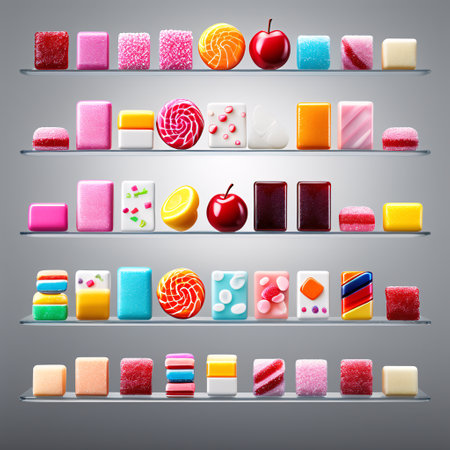 Set of different colorful candies on the shelves. Vector illustration.の素材