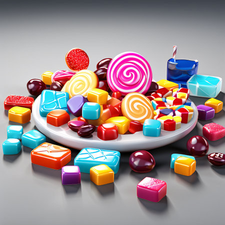 Colorful candies on a plate on a gray background. 3d illustrationの素材