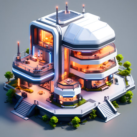 3d isometric modern building in the style of the sixtiesの素材