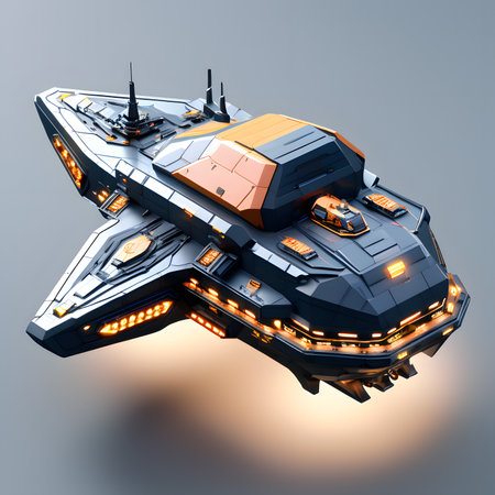 3D Illustration of a futuristic space ship with lights and reflectionsの素材