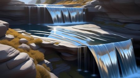 Waterfall in the mountains. 3d rendering. Computer digital drawing.の素材