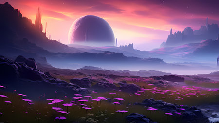 Fantasy alien planet. Mountain and lake. 3D illustration.の素材