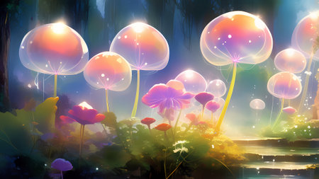 Illustration of a beautiful fantasy landscape with flowers and balloons in the nightの素材