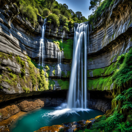 Waterfall in the forest. Beautiful landscape with waterfall and green forest.の素材