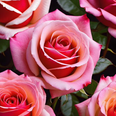 Beautiful pink and white roses closeup on black background. floral backgroundの素材