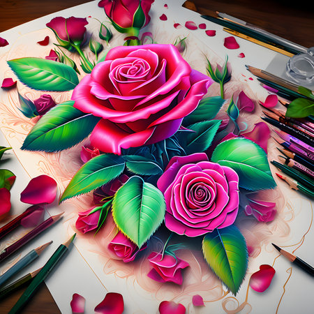 Beautiful roses on a wooden table with pencils and paints.の素材