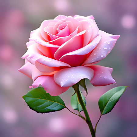 Beautiful pink rose with dew drops on a blurred background.の素材