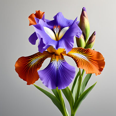 Beautiful iris flowers isolated on gray background. Close up.の素材