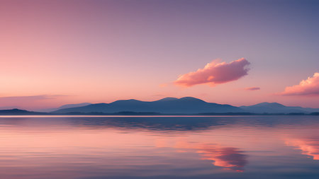 Sunset on the lake with mountains silhouette and reflection in the waterの素材