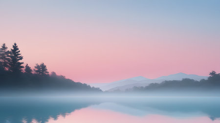 Foggy lake with mountains in the background at sunrise, natural backgroundの素材