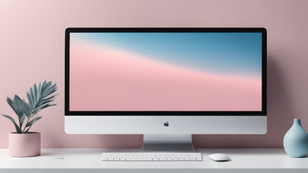 Computer with blank screen on white table and pink wall background, 3D renderingの素材