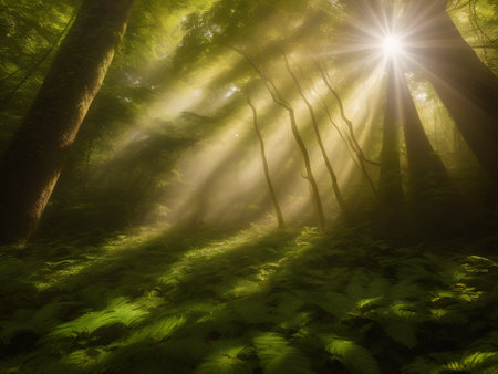 Fantastic forest with sun rays shining through the branches of treesの素材