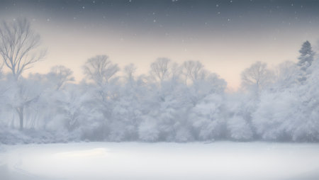 Winter landscape with fog and trees, 3d render. Winter backgroundの素材
