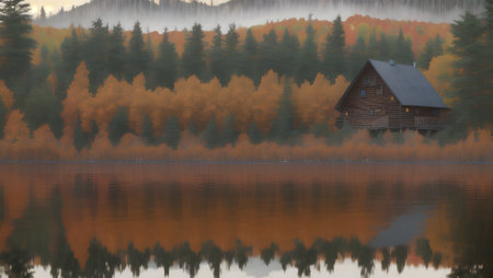 Wooden house on a lake in the autumn forest. Reflection in the water.の素材