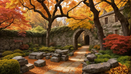 Beautiful autumn garden with maple trees and stone bridge in Japan.の素材