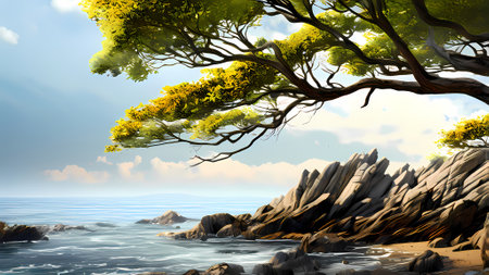 Beautiful seascape with a tree in the foreground, 3d renderの素材