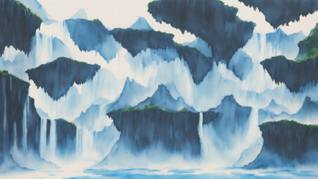 water fall Watercolor illustration. Mountain landscape. Digital painting.の素材