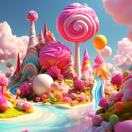 3D illustration of a fantasy landscape with lollipops and cloudsの素材
