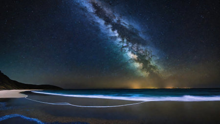 Milky Way over the beach at night. Long exposure photograph.の素材