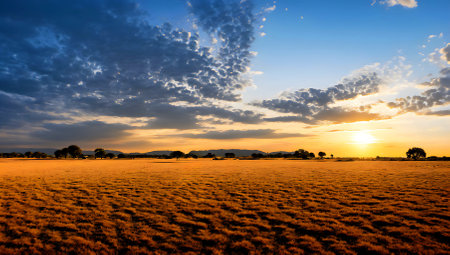 Sunset over the field with clouds in the blue sky. landscapeの素材